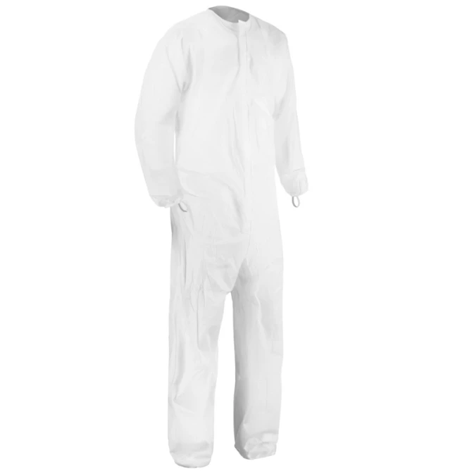 Disposable white coverall for safety protection.