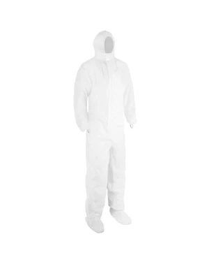 White disposable protective coverall with hood and sleeves.