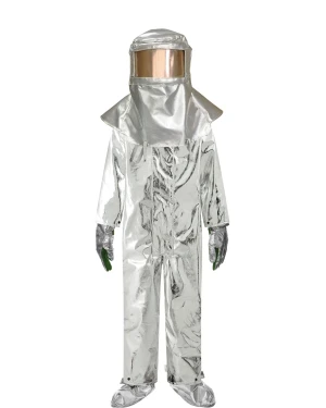Reflective heat protective suit with helmet and gloves.