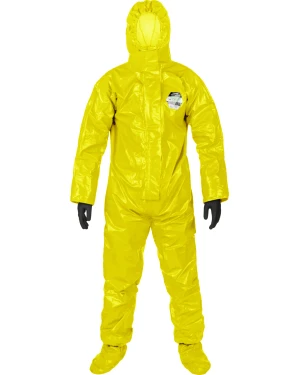 Yellow hazmat suit with black gloves.