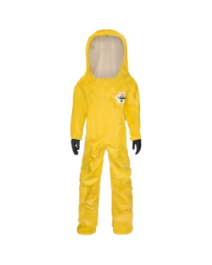 Yellow hazmat suit with hood and gloves.