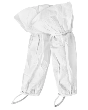 White disposable protective pants on a white background.