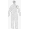 White protective coverall with hood and label.