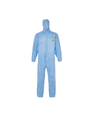 Blue protective coverall with hood.