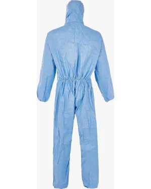 Blue disposable protective coverall with hood