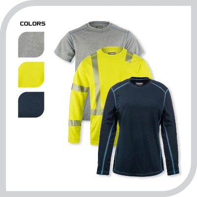Three shirts in gray, neon yellow, and navy colors.