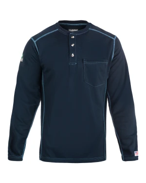 Navy blue long-sleeve henley shirt with buttons