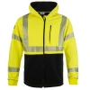 Yellow and black safety hoodie with reflective stripes.