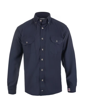 Navy blue button-up shirt with pockets and buttons.