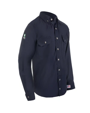 Navy blue button-up shirt with pockets and logos.