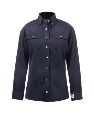 Navy blue button-down shirt with pockets.