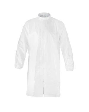 White disposable lab coat on black background.