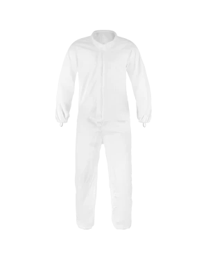 White disposable protective coverall for safety and hygiene.