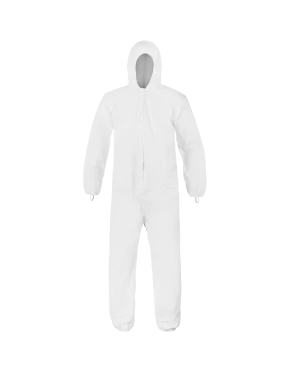 White protective suit with hood, full body coverage.
