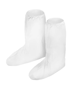 White disposable shoe covers, protective footwear.