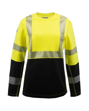 Yellow and black reflective safety shirt with long sleeves.