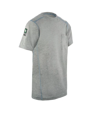 Gray t-shirt with front pocket and logo patch.