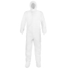White protective full-body suit with hood and booties.