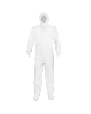 Traje protector blanco de cuerpo entero con capucha y escarpines.