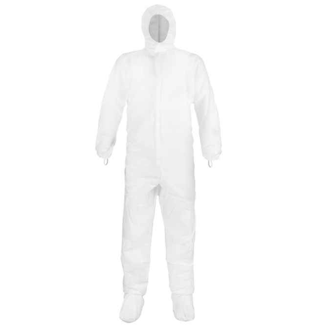 White protective full-body suit with hood and booties.