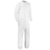 Disposable white coverall for safety protection.