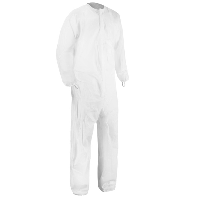 Disposable white coverall for safety protection.