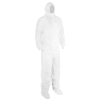 White disposable protective coverall with hood and sleeves.