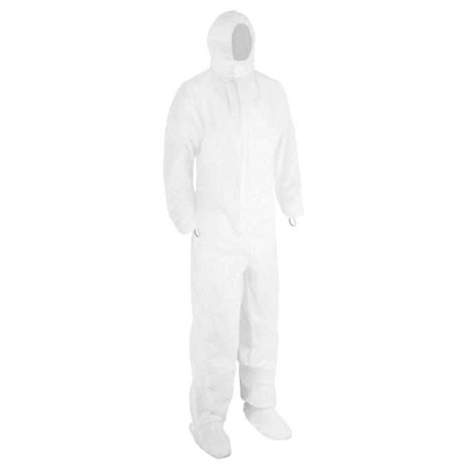 White disposable protective coverall with hood and sleeves.