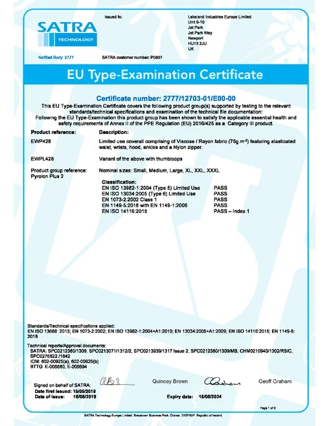 (en)(Europe)Pyrolon Plus 2 EU Type-Examination Certificate (Certificat d'examen de type de l'UE)