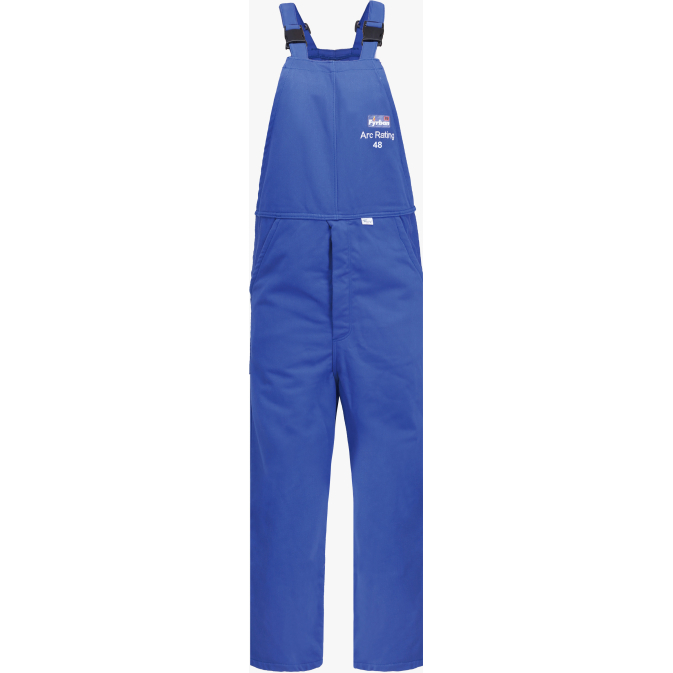 Blue fire-resistant bib overalls, arc rating 48.
