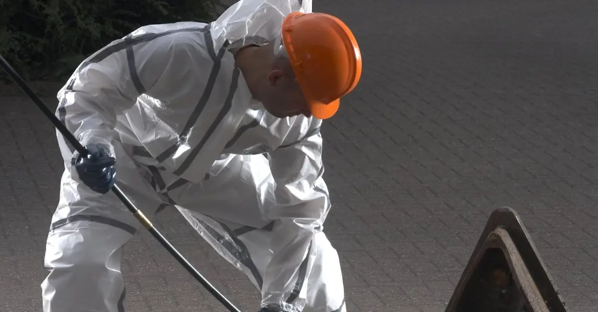 chemical worker cleaning up chemicals protected by Lakeland ChemMax