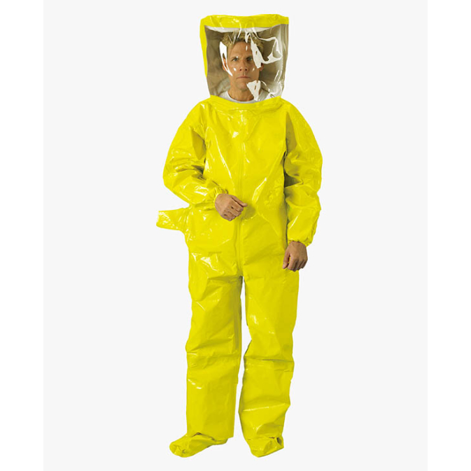Person wearing a yellow hazmat suit