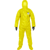 Yellow hazmat suit with black gloves.