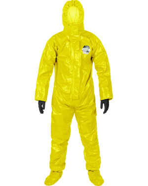 Yellow hazmat suit with black gloves.