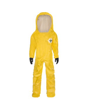 Yellow hazmat suit with hood and gloves.
