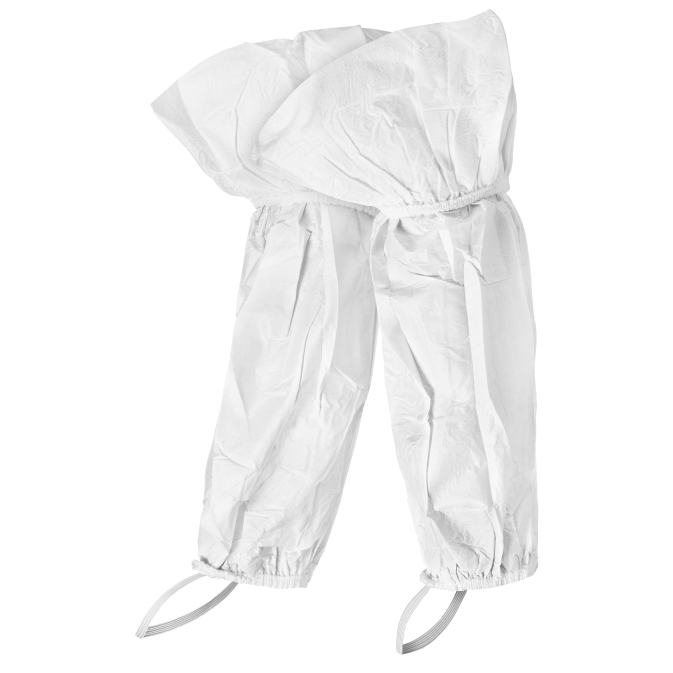 White disposable protective pants on a white background.