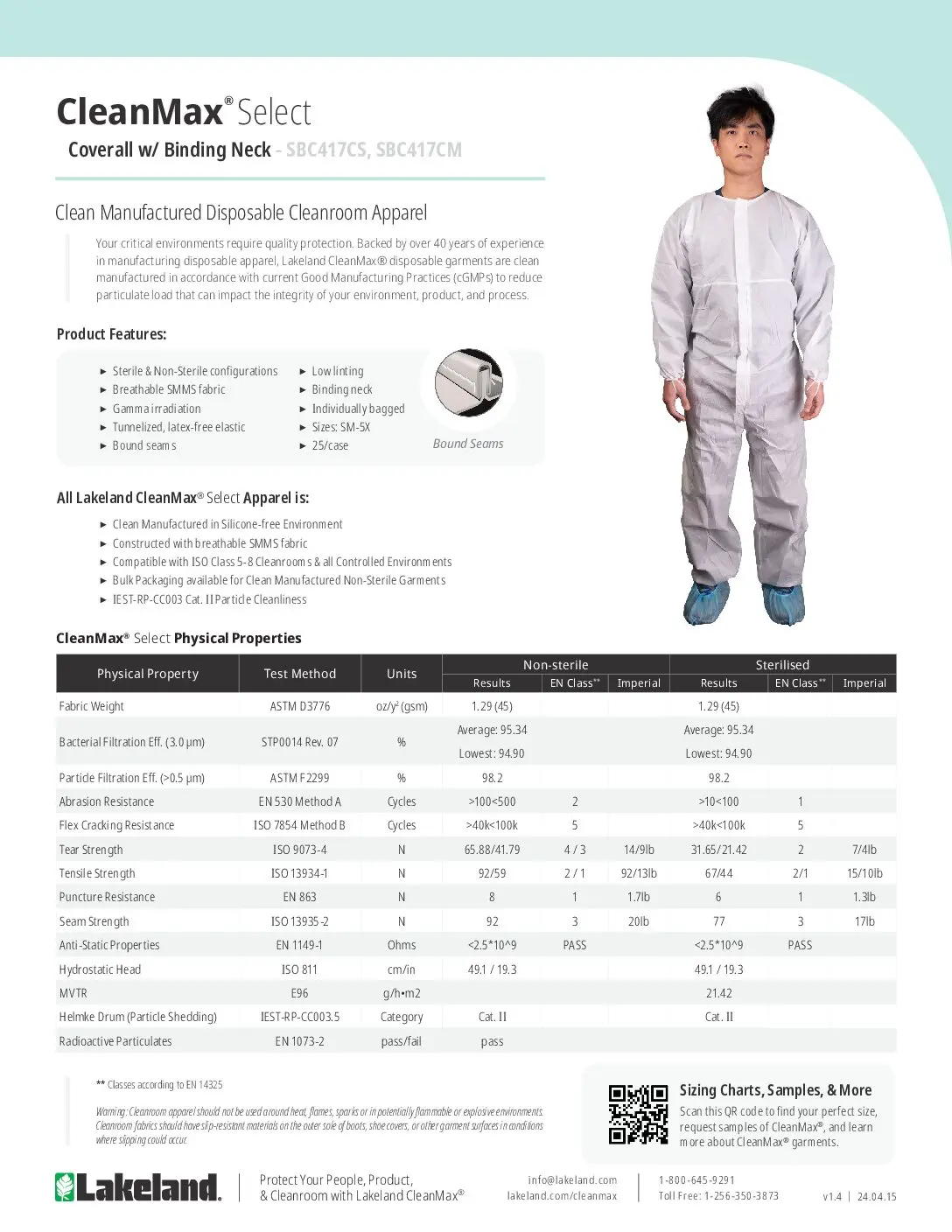 Datasheet SBC417 SMMS Disposable Cleanroom Coverall CleanMax Select