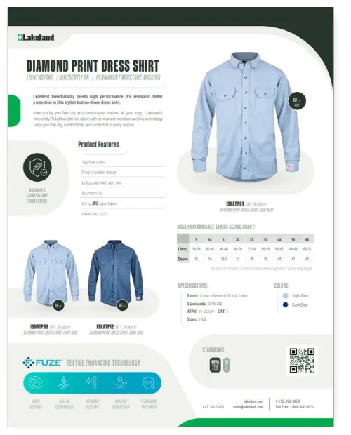 Blue diamond print dress shirt with product details.