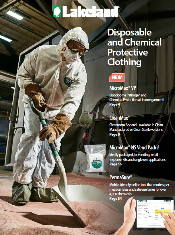 Worker wearing protective clothing, Lakeland products brochure.