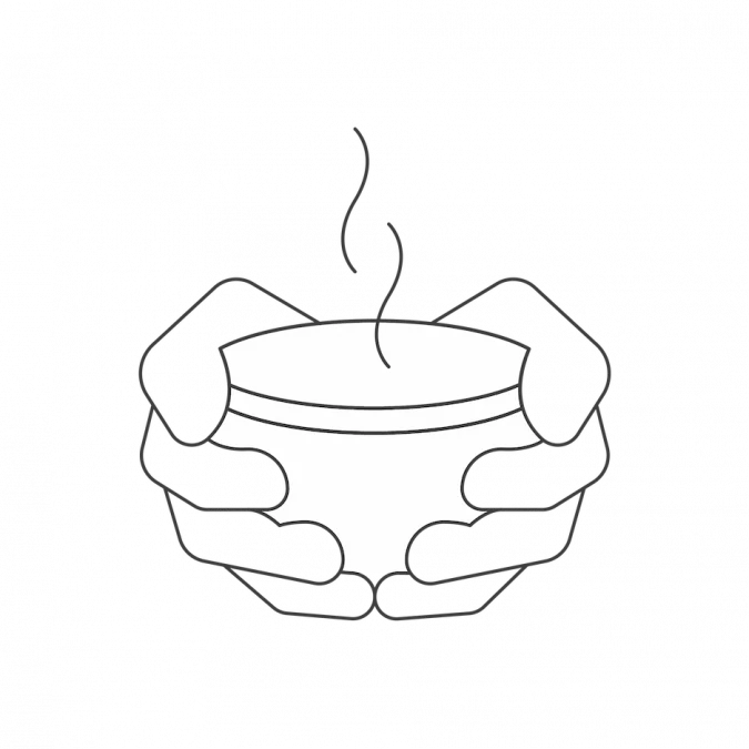 Icon of a pair of cupped hands holding a hot, steaming mug of coffee to illustrate the contact method of heat transfer