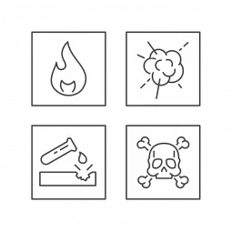 Icons of a flame, explosion, corrosive chemical, and a skull with crossbones to illustrate characteristic waste