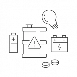 Illustration of various types of discarded batteries and lightbulbs as an example of universal waste