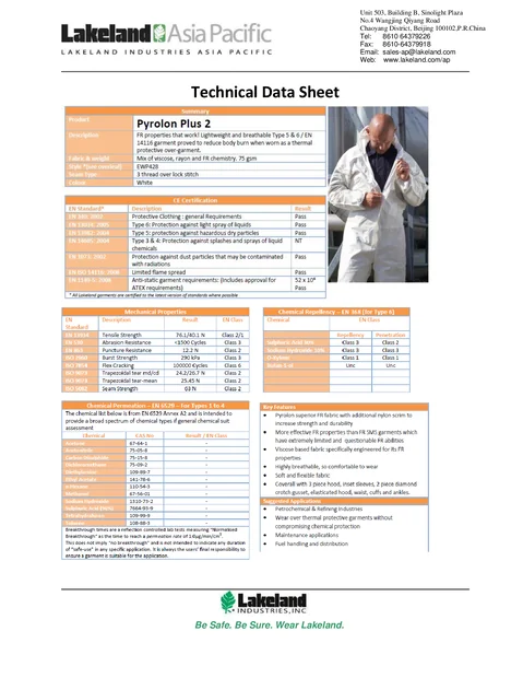 (en)(Asia Pacífico)Pyrolon Traje químico Plus2 ficha de datos (Asia Pacífico)