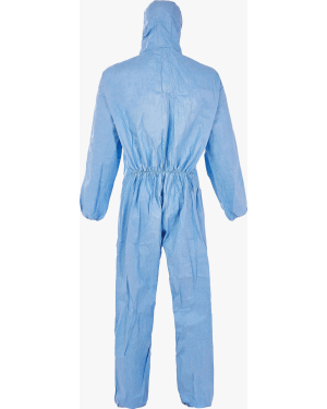Blue disposable protective coverall with hood