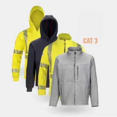 High-visibility and gray work jackets, CAT 3 label.