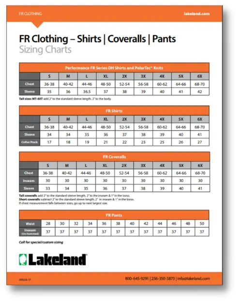 FR Standard Garment Sizing