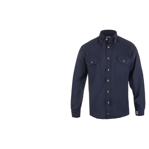 Navy blue button-up long-sleeve shirt with pockets.