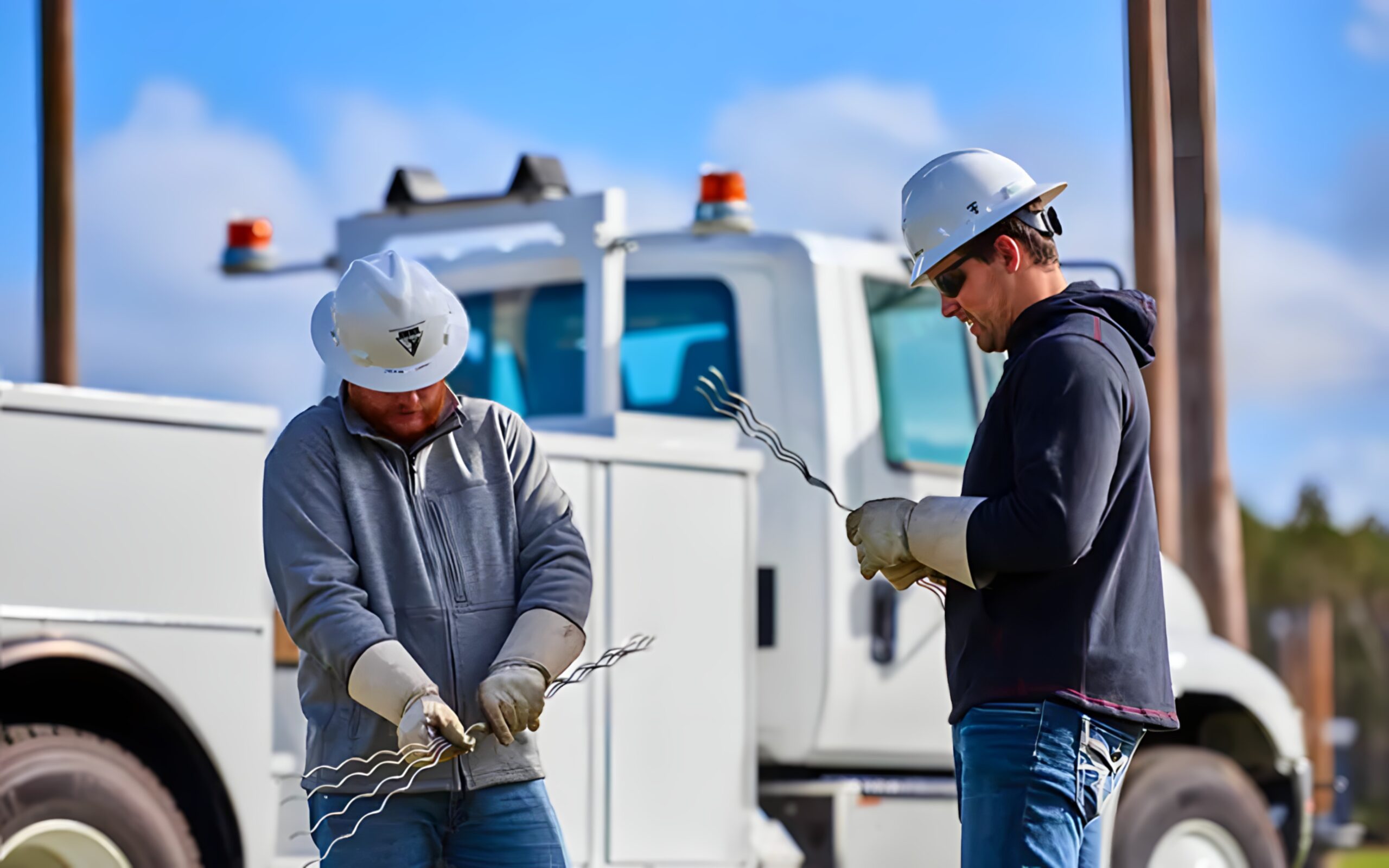 Utility workers handling metal wires near truck
