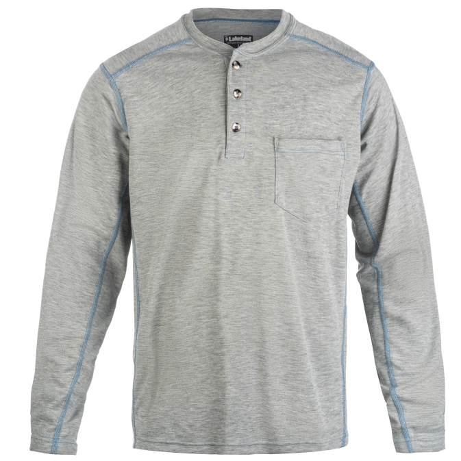 Gray long-sleeve henley shirt with buttons and pocket.