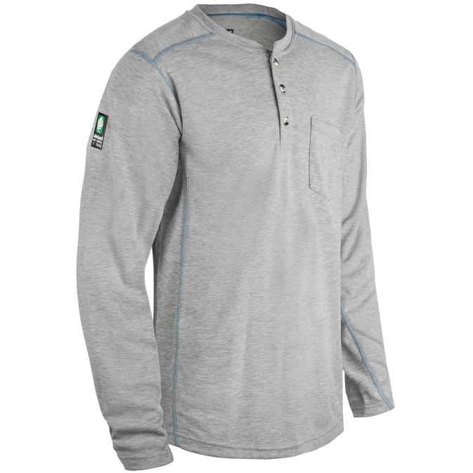 Gray long-sleeve henley shirt with chest pocket